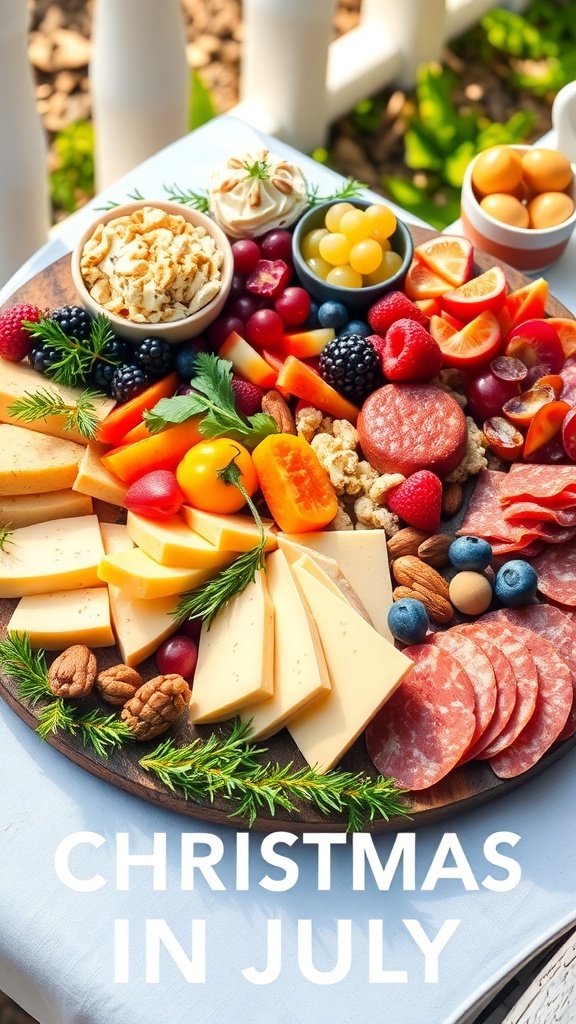 A colorful charcuterie board with meats, cheeses, fruits, and sweets, set in a summer environment.